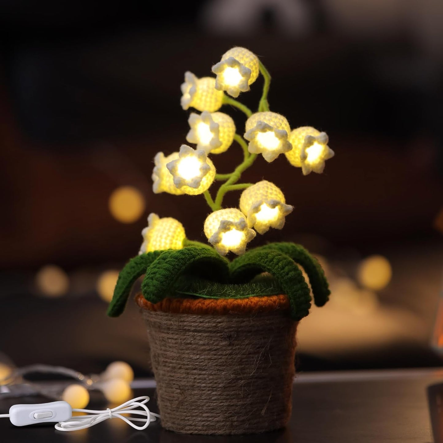 Lily of The Valley Lamp, Crochet Artificial Flowers with Night Lights, Cordless Table Lamp - Women Gift Ideas for Christmas Valentine Mother's Day, Desk Home Decorations